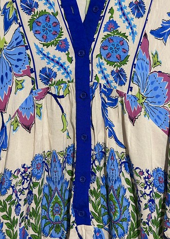 Mavi Çiçek Desenli Uzun Bohem Elbise - Görsel 9