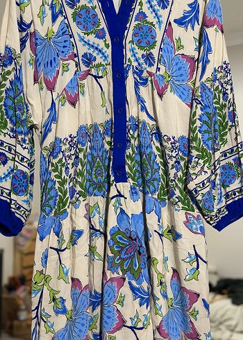 Mavi Çiçek Desenli Uzun Bohem Elbise - Görsel 8