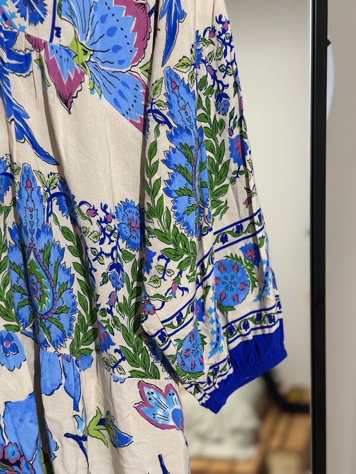 Mavi Çiçek Desenli Uzun Bohem Elbise - Görsel 5