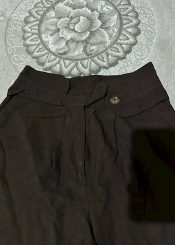 Kemer Detaylı Bol Kesim Kahverengi Keten Pantolon - Görsel 4