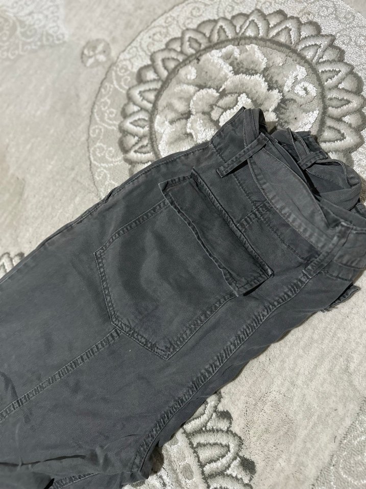 Gri Kot Salaş Kemerli Kadın Pantolon - Görsel 2