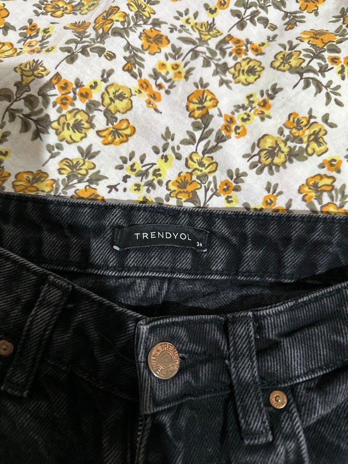 Nakışlı Siyah Bohem Geniş Paça Kot Pantolon - Görsel 5