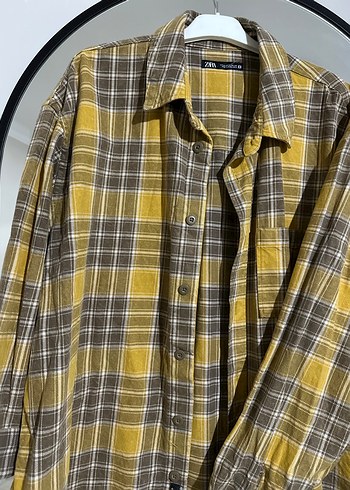 Düğmeli Sarı Gri Kareli Keten Gömlek - Görsel 2