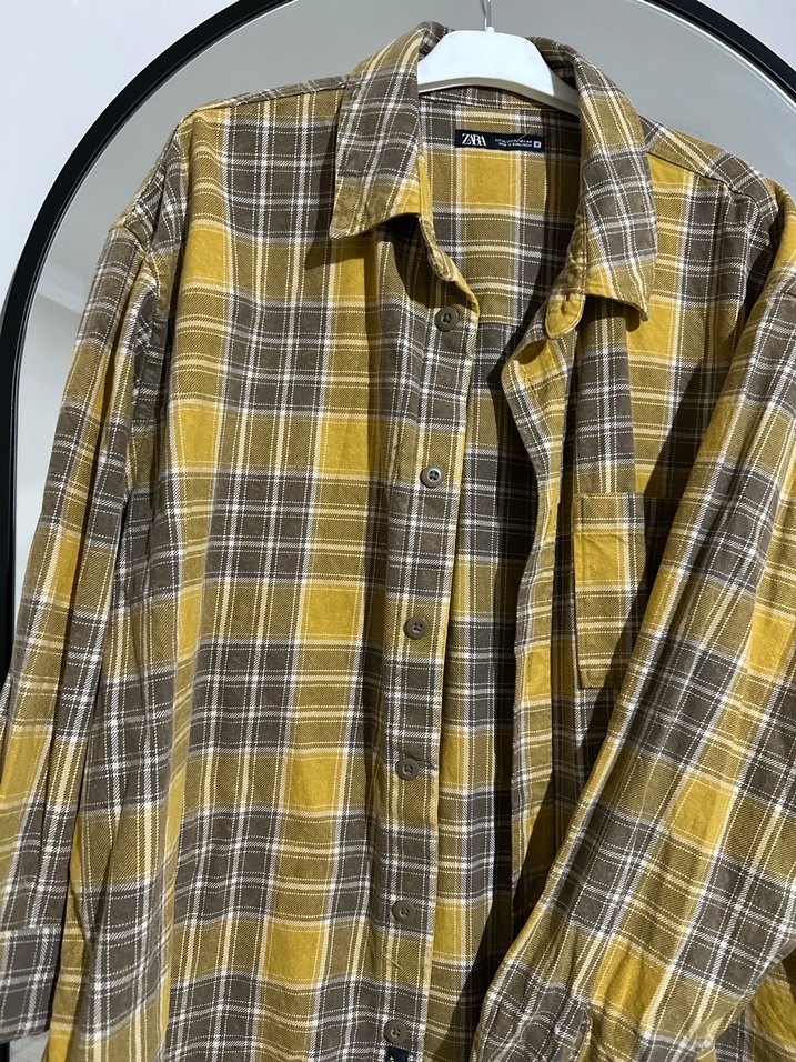 Düğmeli Sarı Gri Kareli Keten Gömlek - Görsel 2