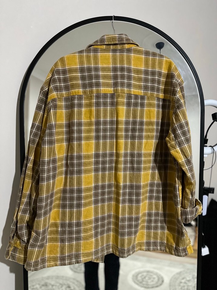 Düğmeli Sarı Gri Kareli Keten Gömlek - Görsel 5