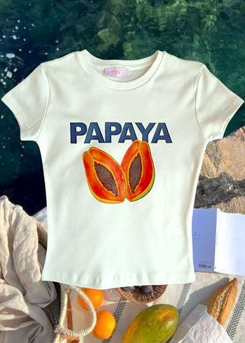 Beyaz Baskılı Kısa Kollu Pamuklu Tişört Baby Tee