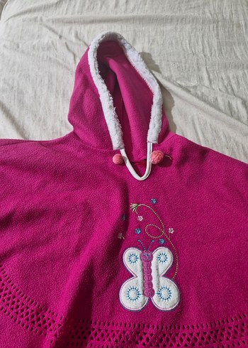 Nakışlı Kız Çocuk Pembe Kapüşonlu Panço - Görsel 2