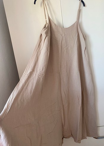 Bej Keten Uzun Askılı Elbise - Görsel 2