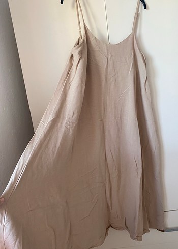 Bej Keten Uzun Askılı Elbise - Görsel 3