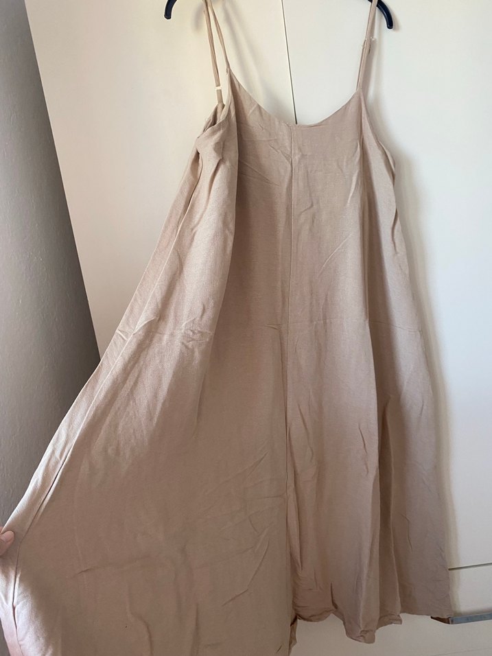 Bej Keten Uzun Askılı Elbise - Görsel 2