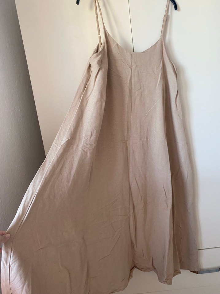 Bej Keten Uzun Askılı Elbise - Görsel 3