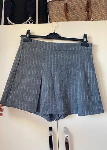 Gri Çizgili Pilili Mini Etek - Görsel 2