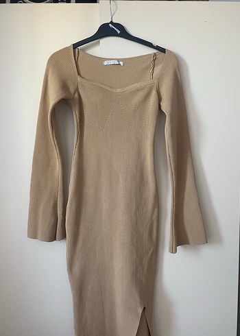 Bej Uzun Kollu İnce Triko Elbise - Görsel 2