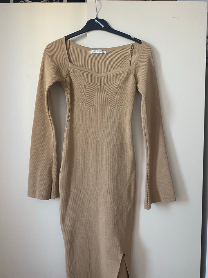 Bej Uzun Kollu İnce Triko Elbise - Görsel 2