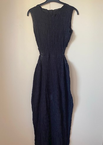 siyah Kadın Pliseli Uzun Keten Elbise - Görsel 2