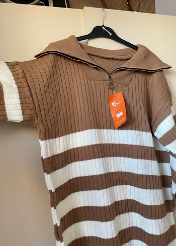 Kadın Kahverengi Çizgili Triko Elbise - Görsel 3