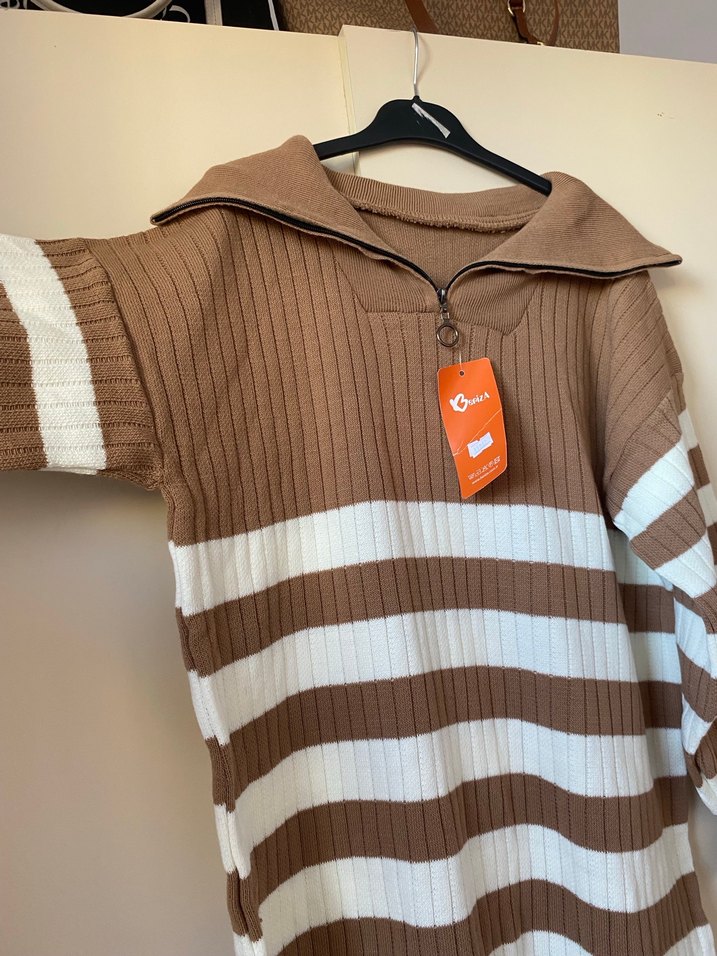 Kadın Kahverengi Çizgili Triko Elbise - Görsel 3