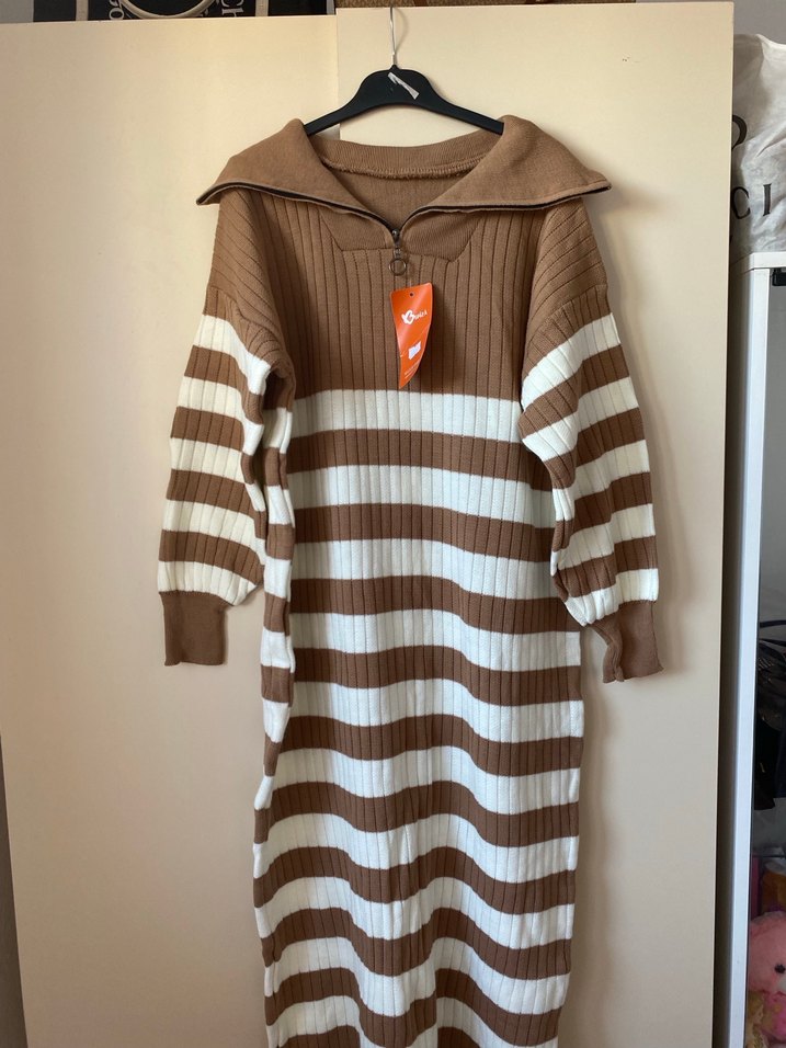 Kadın Kahverengi Çizgili Triko Elbise - Görsel 2