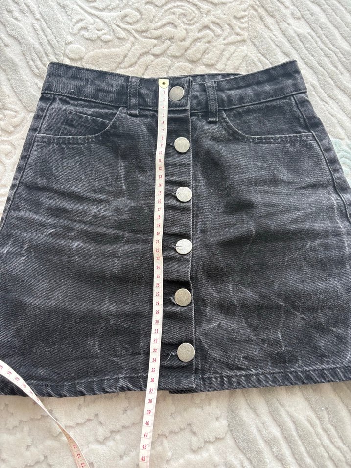 Düğmeli Siyah Midi Denim Etek - Görsel 5