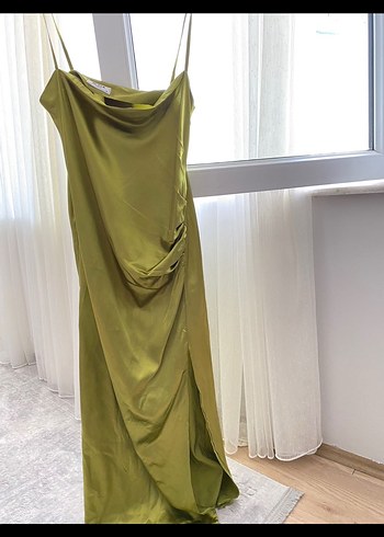 Parlak Haki Uzun Drapeli Kadın Elbise - Görsel 2