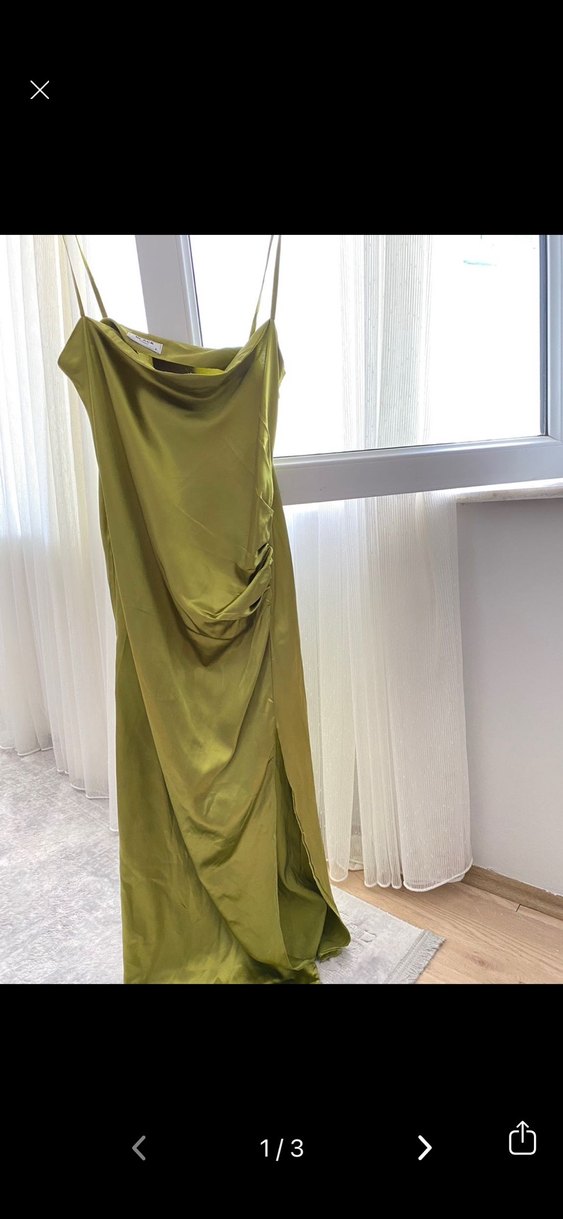 Parlak Haki Uzun Drapeli Kadın Elbise - Görsel 2