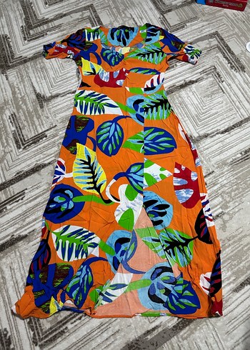 Renkli Yaprak Desenli Uzun V Yaka Elbise - Görsel 2