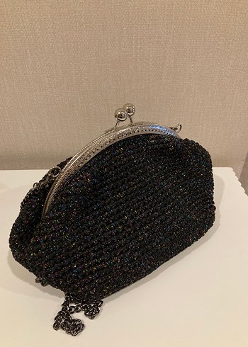 Boncuk İşlemeli Siyah Vintage Kadın Clutch Çanta