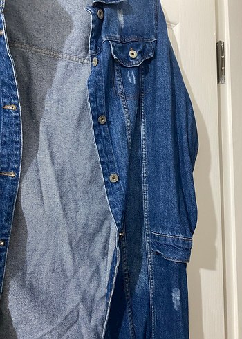 s Beden Düğmeli Uzun Kollu Mavi Denim Ceket