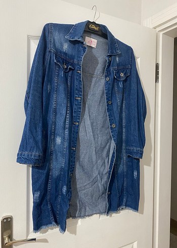 Düğmeli Uzun Kollu Mavi Denim Ceket