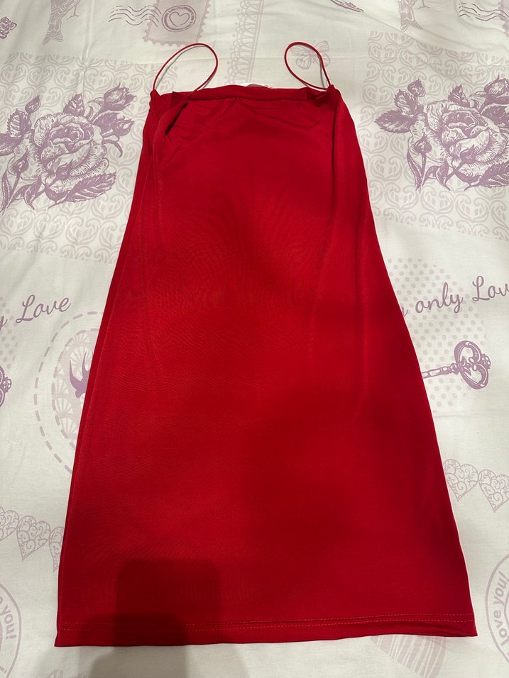 S Beden Kırmızı Drapeli Straplez Mini Elbise - Görsel 2