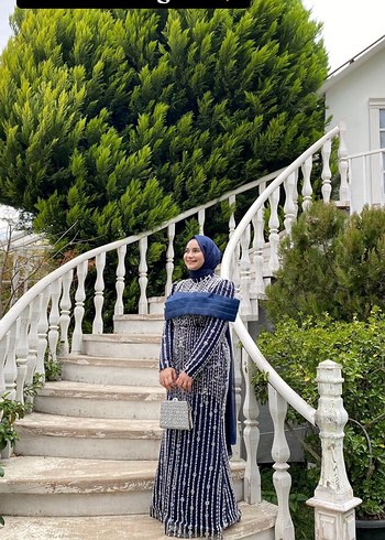 Bohem Stil Lacivert Bağlamalı Uzun Abiye Elbise