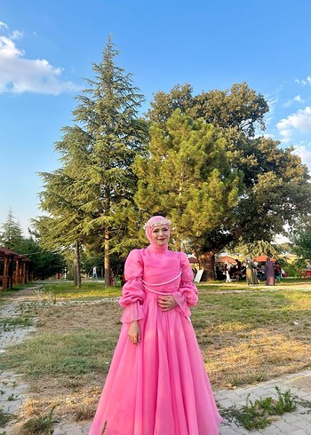 Uzun Kollu Pembe Salaş Tesettür Abiye