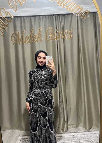 Uzun Kollu Siyah Drapeli Abiye Elbise - Görsel 3