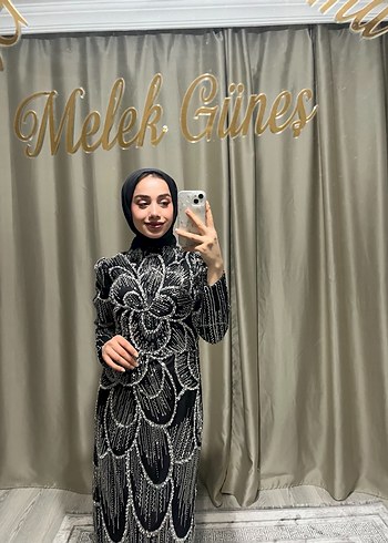 Uzun Kollu Siyah Drapeli Abiye Elbise - Görsel 2