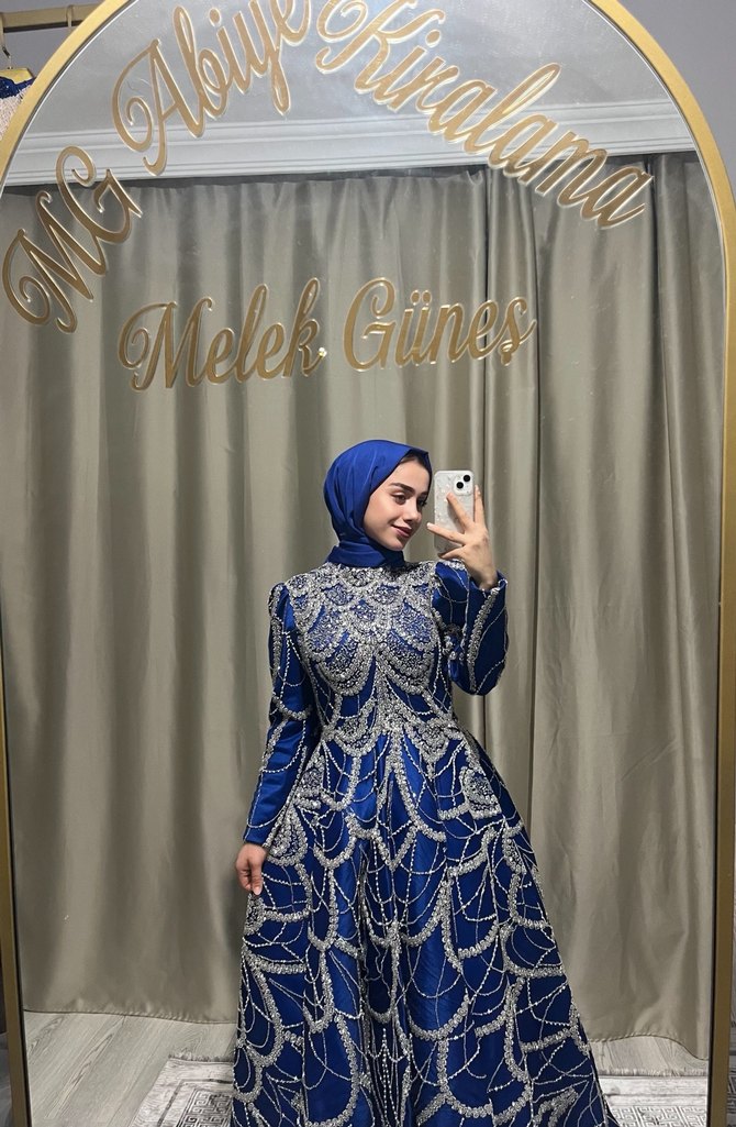 Uzun Kollu Mavi Payetli Bohem Elbise - Görsel 2