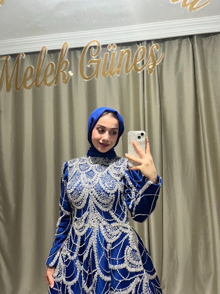 Uzun Kollu Mavi Payetli Bohem Elbise - Görsel 4