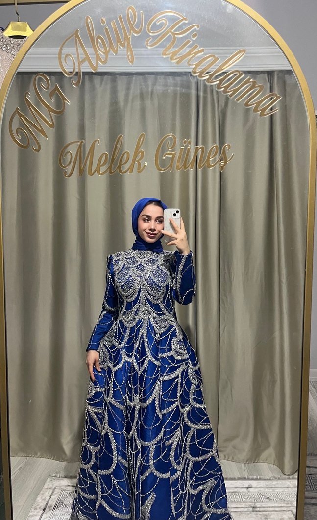 Uzun Kollu Mavi Payetli Bohem Elbise - Görsel 3