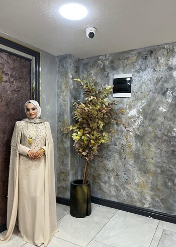 Drapeli Uzun Kollu Beyaz Tesettür Abiye Elbise - Görsel 2