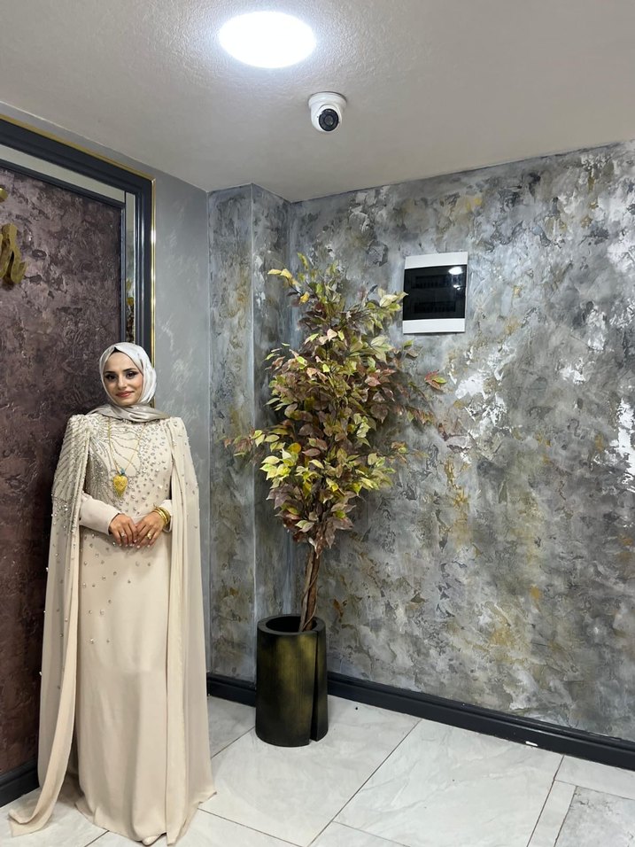 Drapeli Uzun Kollu Beyaz Tesettür Abiye Elbise - Görsel 2