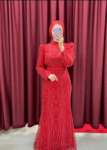 Kırmızı Uzun Kollu Drapeli Abiye Elbise - Görsel 2