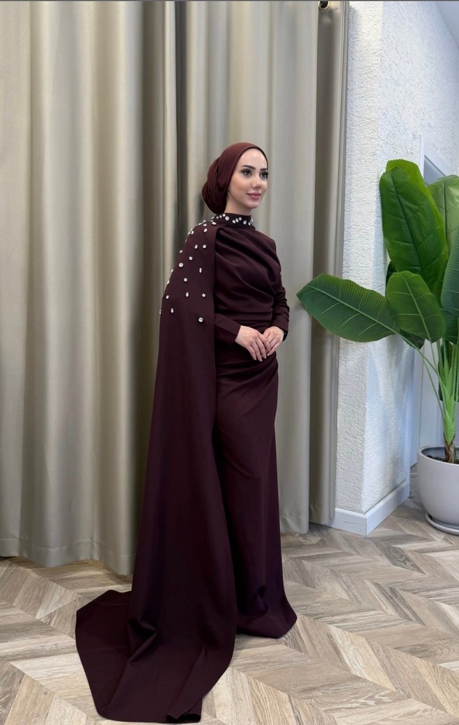 Bordo Drapeli Uzun Abiye Elbise - Görsel 2