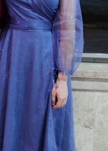 Uzun Mavi Drapeli V Yaka Nişan Elbisesi