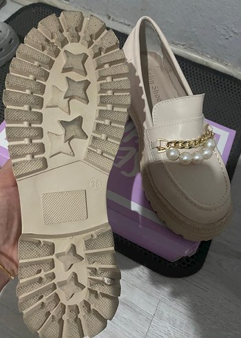 38 Beden Zincir Detaylı Beyaz Platform Kadın Loafer 38 numara