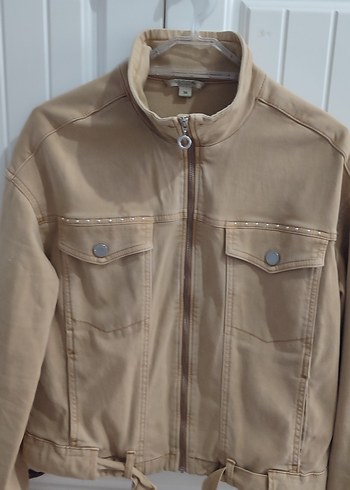 Bej Kadın Kot Ceket, Kemerli, Rahat Kesim - Görsel 3
