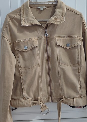 Bej Kadın Kot Ceket, Kemerli, Rahat Kesim - Görsel 2