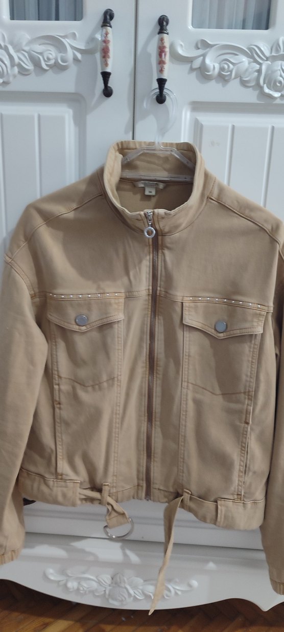 Bej Kadın Kot Ceket, Kemerli, Rahat Kesim - Görsel 3