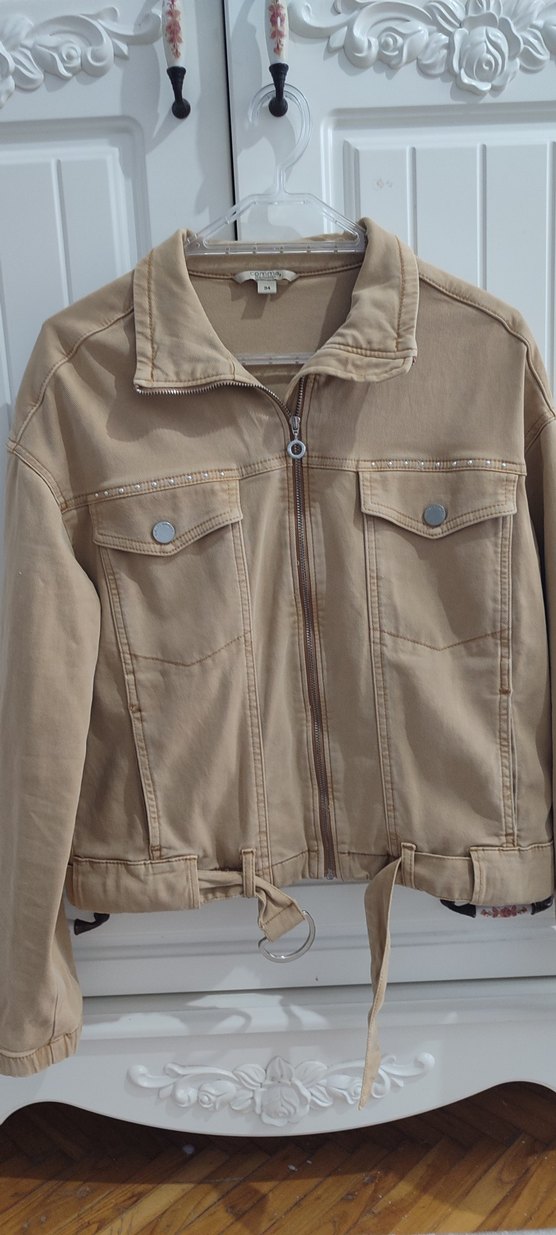 Bej Kadın Kot Ceket, Kemerli, Rahat Kesim - Görsel 2