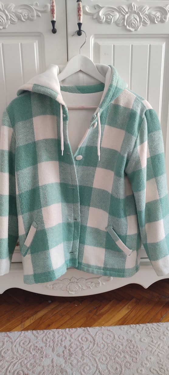 Turkuaz Ekose Düğmeli Kadın kalın mevsimlik mont - Görsel 2