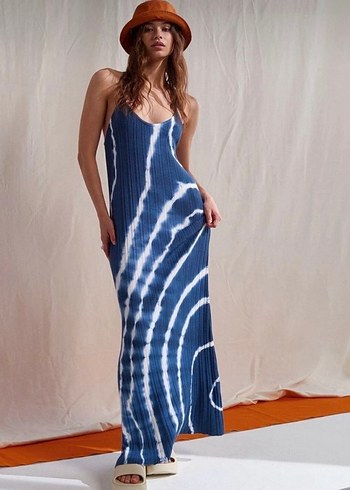 Lacivert Batik Desenli Uzun Bohem Elbise - Görsel 2