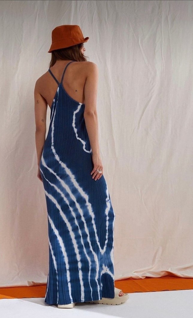 Lacivert Batik Desenli Uzun Bohem Elbise - Görsel 3